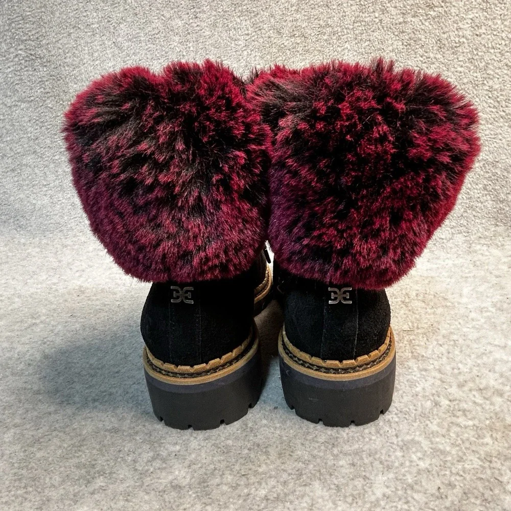 New Sam Edelman‎ Black Suede Boots Women's 9 Bowen Pink Wine Faux Fur Lug Sole